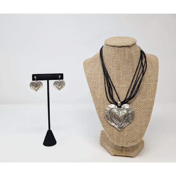 Silver Tone Layered Heart Necklace Earrings Set Multi-Strand Clip On Boho - Picture 1 of 13